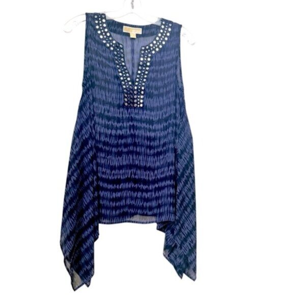 Michael Kors Beaded Asymmetrical Boho Top VNeck Lightweight Blouse Print Blue S - Picture 1 of 16